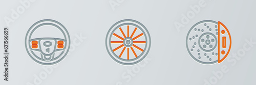 Set line Car brake disk with caliper, Steering wheel and icon. Vector