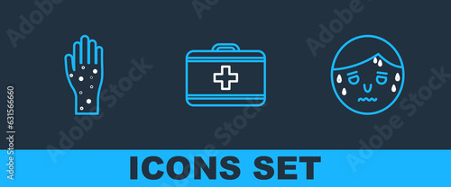 Set line Man with excessive sweating, Hand psoriasis or eczema and First aid kit icon. Vector