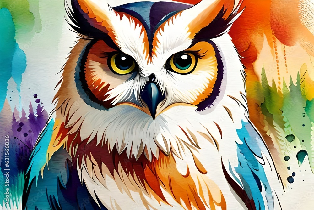 Water color splash art image of an owl