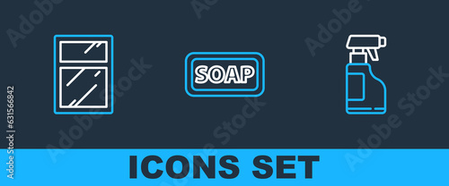Wallpaper Mural Set line Spray bottle with detergent liquid, Cleaning service for windows and Bar of soap icon. Vector Torontodigital.ca