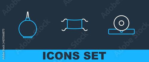 Set line Otolaryngological head reflector, Enema and Medical protective mask icon. Vector