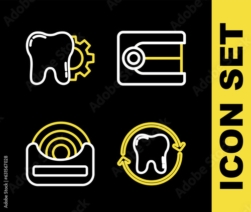 Set line Dentures model, Tooth whitening, Dental floss and treatment procedure icon. Vector