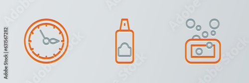 Set line Bar of soap, Sauna clock and Spray can for hairspray icon. Vector