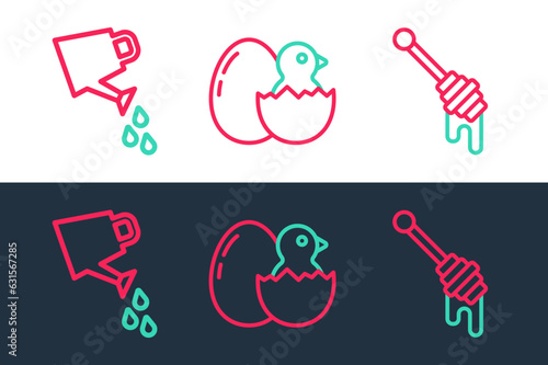 Set line Honey dipper stick, Watering can and Little chick cracked egg icon. Vector