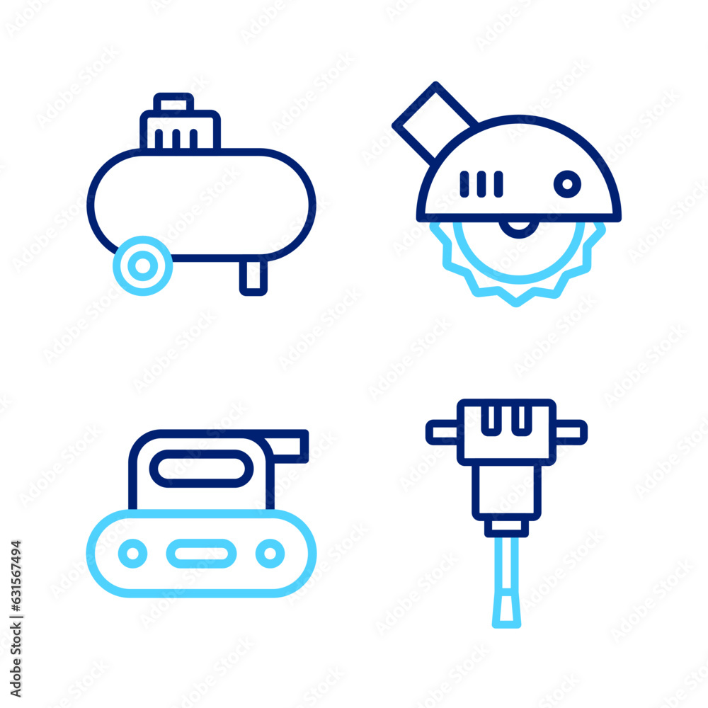 Set line Construction jackhammer, Electric planer tool, circular saw and Air compressor icon. Vector Set line Construction jackhammer, Electric planer tool, circular saw and Air compressor icon. Vector