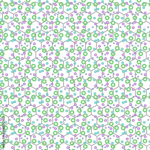 transparentes quadrat gefüllt mit einer vielzahl von unregelmäßig angeordneten pastellfarbenen ringen kombiniert mit einem grauen wabenmuster, modern art