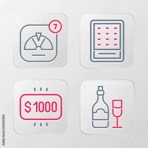 Set line Champagne bottle with glass, Money prize in casino, Lottery ticket and Lucky wheel icon. Vector