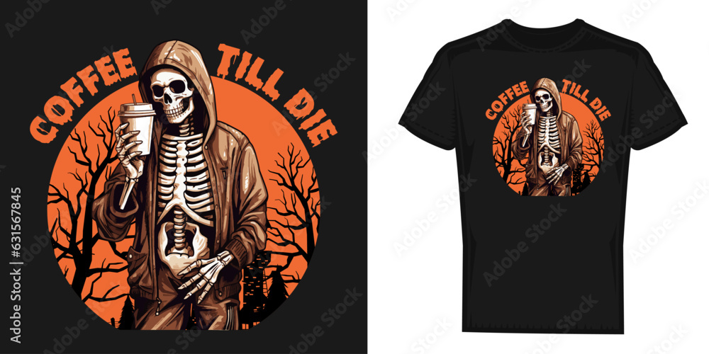 Coffee till die creepy skeleton Halloween Costume vector design, graphics for t-shirt prints