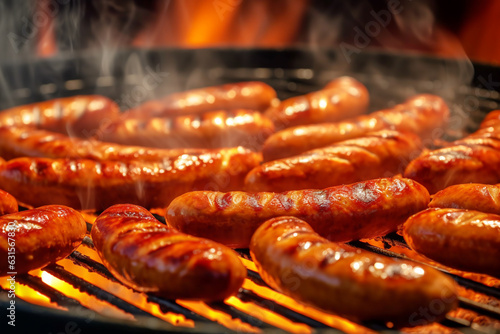 Grilled sausages are cooked on a barbecue grill. Close-up of fried appetizing sausages on the grill. Generated by AI
