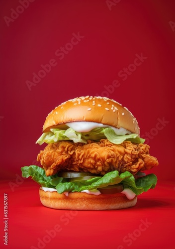 Fotobehang fried chicken burger with lettuce, mozzarella sauce, coleslaw, and tomato slices