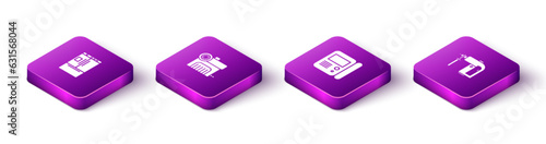 Set Isometric Refrigerator, Air compressor, House intercom system and Rotary hammer drill machine icon. Vector