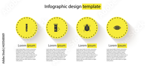 Set Test tube and flask, Medicine bottle pills, Parasite mite and Reddish eye allergic conjunctivitis. Business infographic template. Vector