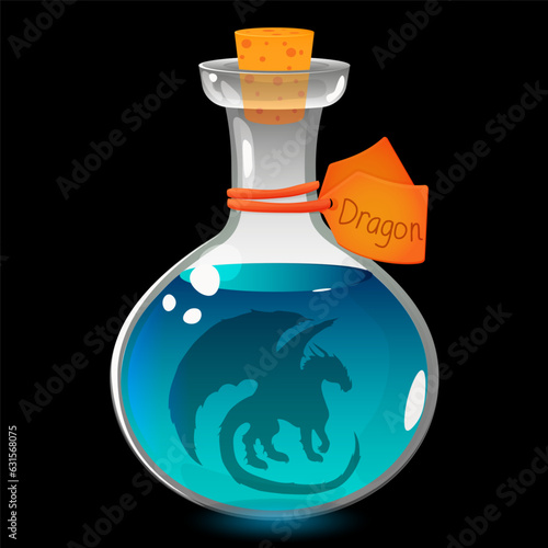 A bottle with a magic dragon, a green potion, in a cartoon style. Vector. Year of the Dragon.