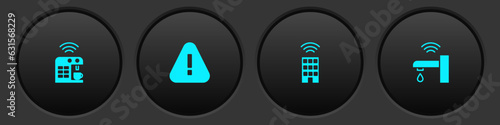 Set Smart coffee machine, Exclamation mark triangle, home with wireless and water tap icon. Vector