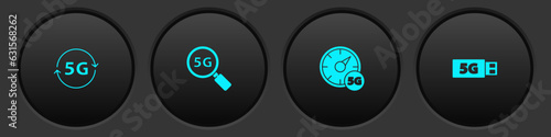 Set 5G network, Search, Digital speed meter and modem icon. Vector