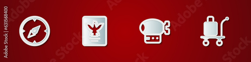 Set Compass, Passport, Airship and Trolley baggage icon. Vector