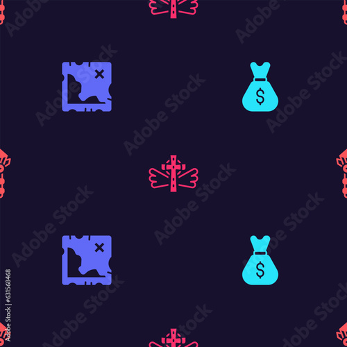 Set Old money bag, Pirate treasure map, Christian cross and Magic wand on seamless pattern. Vector photo