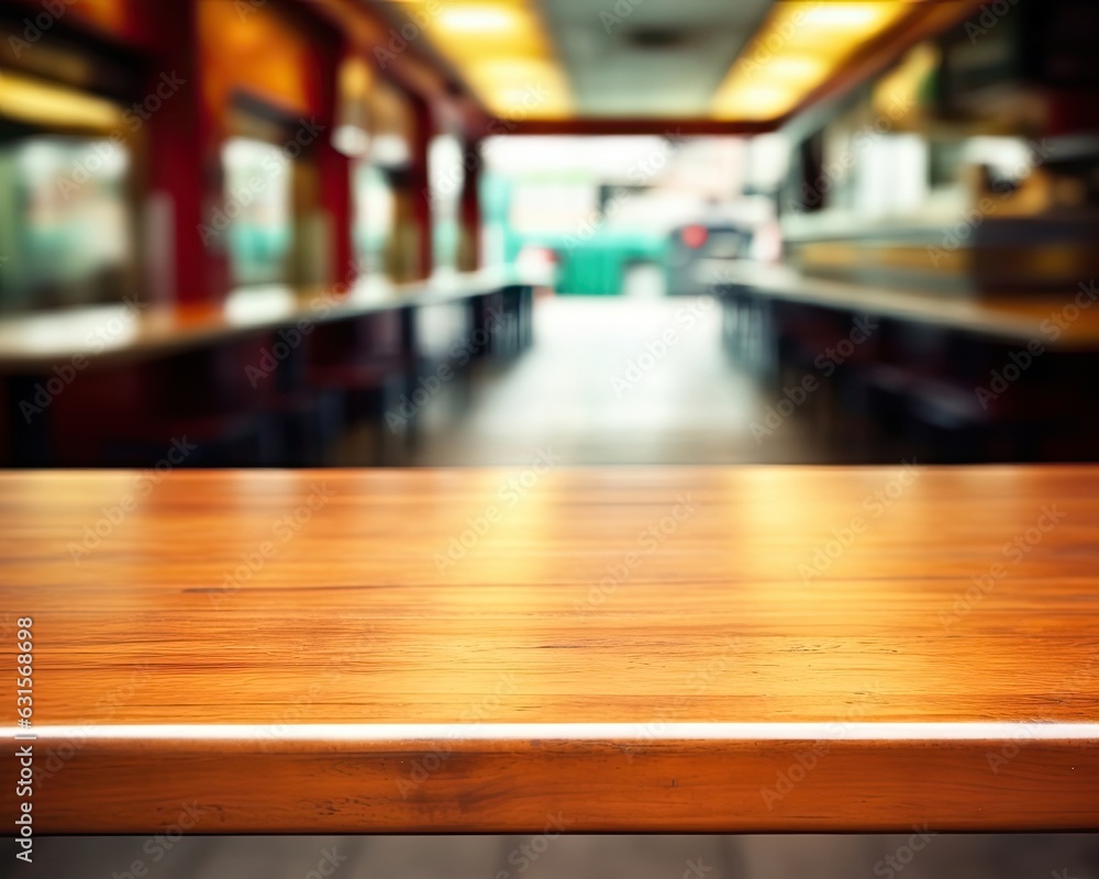 An empty wooden table top with bokeh background. (Generative AI)