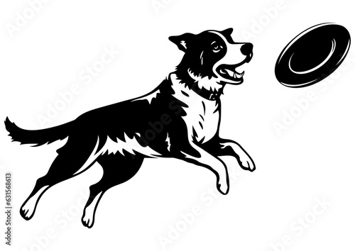 Black and white illustration of dog playing with a frisbee