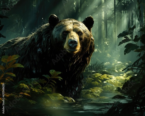 In a green forest, a black bear walks. (Generative AI)