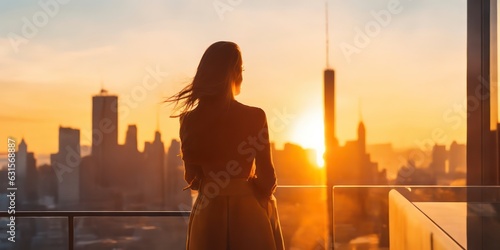 woman standing on luxury balcony, back view of rich female silhouette at sunset in New York city