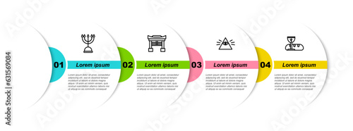 Set line Hanukkah menorah, Japan Gate, Masons and First communion symbols. Business infographic template. Vector