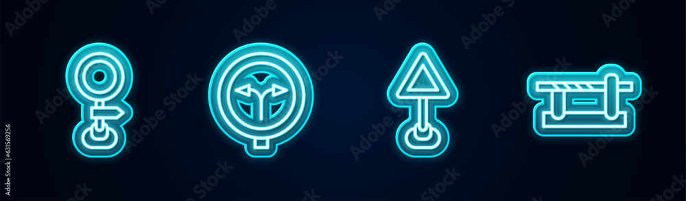 Set line Road traffic sign, Fork in the road, Triangle warning blank and Parking car barrier. Glowing neon icon. Vector Set line Road traffic sign, Fork in the road, Triangle warning blank and Parking car barrier. Glowing neon icon. Vector