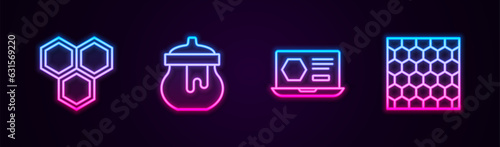 Set line Honeycomb, Jar of honey, online service and . Glowing neon icon. Vector