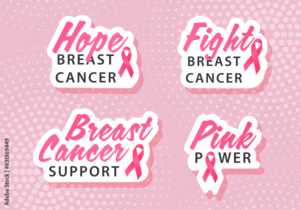 Breast cancer awareness month stickers, vector illustration