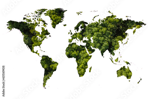 World map made up of various detailed trees on solid white background including the shadows. This 3D illustration of a forest is conceptual of the global green environmental issues worldwide.