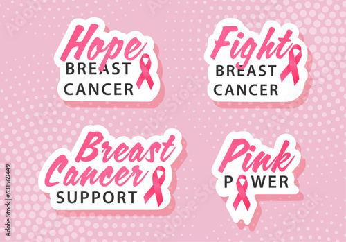 Breast cancer awareness month stickers, vector illustration