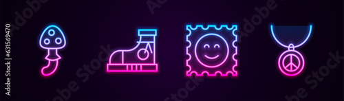 Set line Psilocybin mushroom, Sneakers, LSD acid mark and Necklace with peace symbol. Glowing neon icon. Vector
