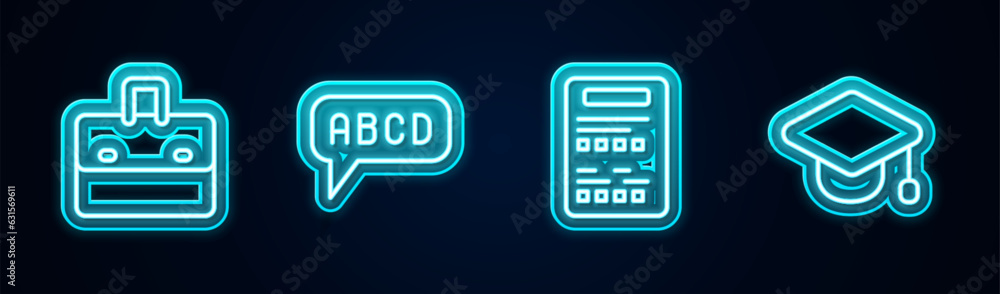 Set line Briefcase, Alphabet, Exam sheet and Graduation cap. Glowing neon icon. Vector Set line Briefcase, Alphabet, Exam sheet and Graduation cap. Glowing neon icon. Vector
