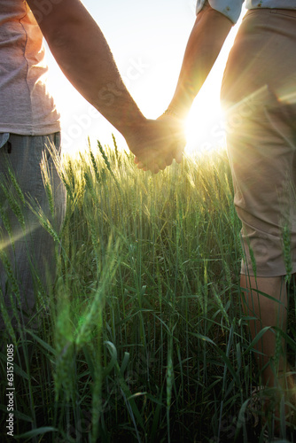 man and woman holding hands in wheat field, sunbeams, Young couple holding hands in the wheat field on sunny summer day