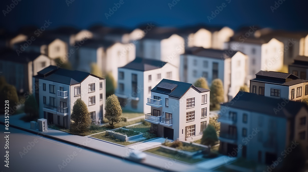 Toy Town. Miniature models of realistic houses, blurred background, wallpaper with toy apartment complex, many houses. 3d render style.