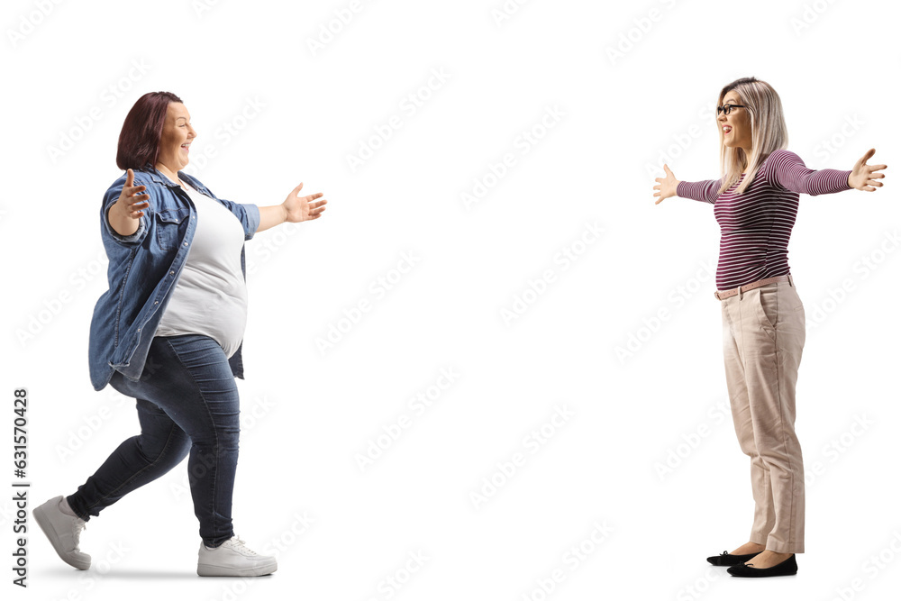 Overweight woman meeting and greeting a slim woman Overweight woman meeting and greeting a slim woman