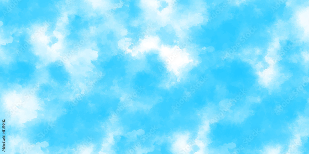 Panorama of blue sky with white clouds. White cumulus clouds formation in blue sky.  Abstract background with blue sky with clouds Retro Washed Out Effect. Ethnic Tie Dye Blue Watercolor background.