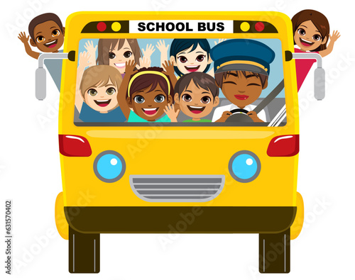 Vector illustration front view of yellow bus transportation with children. Bus driver driving back to school with happy kids