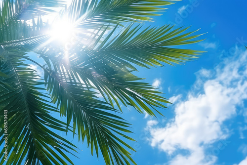 Green tropical palm leaves against a backdrop of bright summer blue sky and sunshine. Creative sunny summer tropical wallpaper.