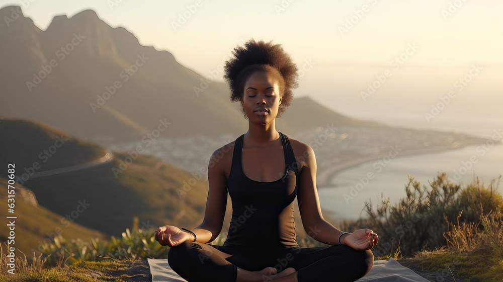 Meditating, Black woman outdoor fitness and breathing Meditating, Black woman outdoor fitness and breathing