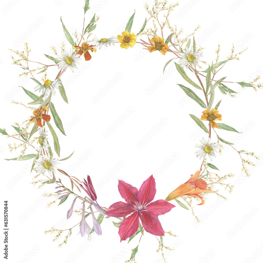 Wreath of garden flowers. Clematis, hosta, chamomile. Floral element to create decor, prints in vintage, victorian and boho style.