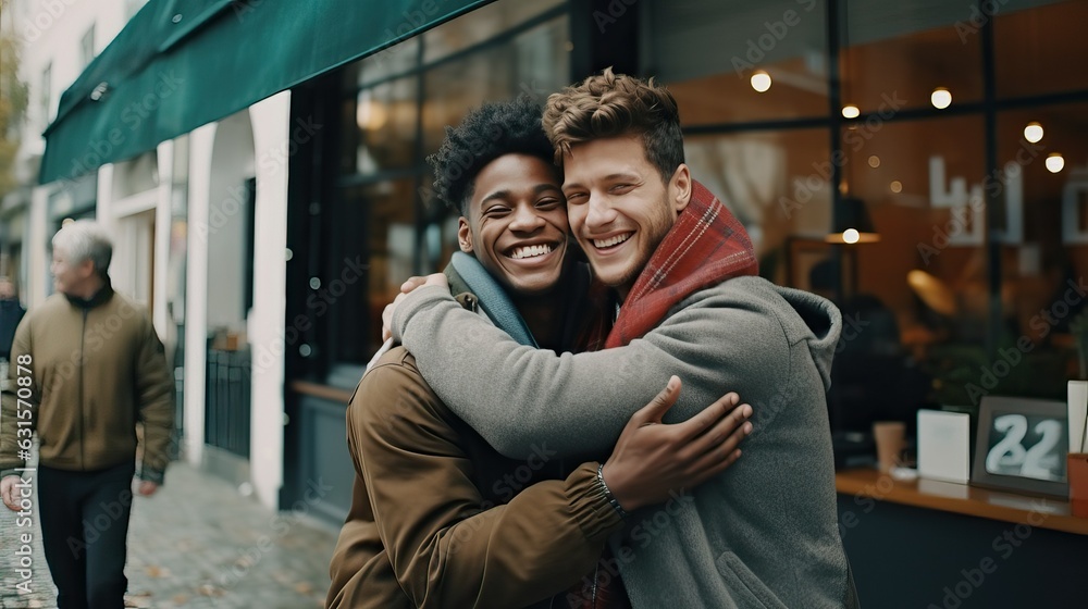 Best friend embracing each other in city Best friend embracing each other in city