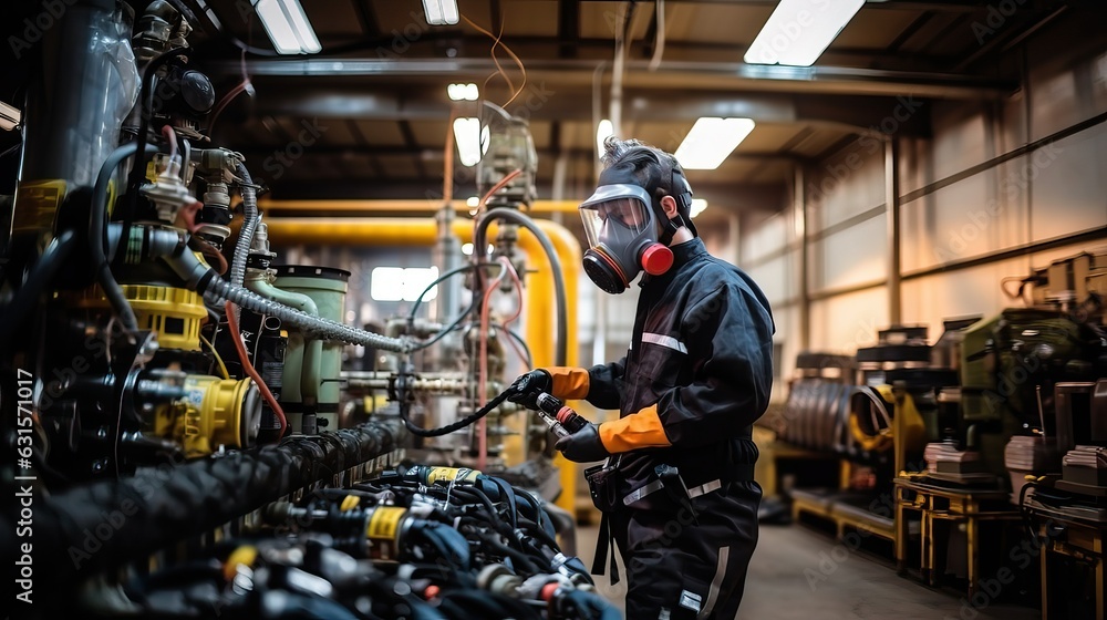 Chemical specialist wear safety uniform and gasmask at factory industry Chemical specialist wear safety uniform and gasmask at factory industry
