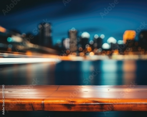 An exuberant image of a city skyline on a wooden table. (Generative AI)