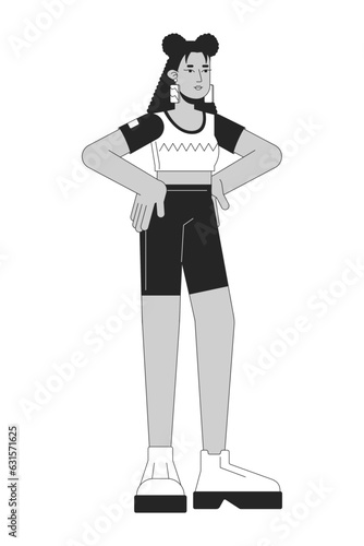 Latina woman in workout clothes flat line black white vector character. Editable outline full body person. Leggings young adult female simple cartoon isolated spot illustration for web design