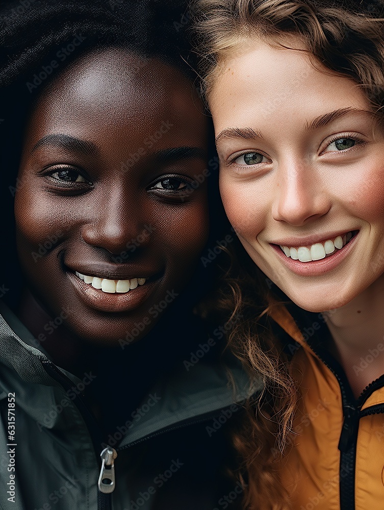 Two strong and beautiful women dressed in stylish sportswear, laughing and posing for an outdoor selfie, showcasing their bright smiles, glowing skin, and raised eyebrows Two strong and beautiful women dressed in stylish sportswear, laughing and posing for an outdoor selfie, showcasing their bright smiles, glowing skin, and raised eyebrows