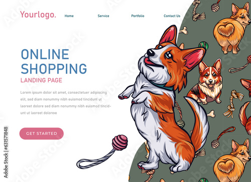 Landing page template for pet store to sales care accessories корги и другие dogs. dvertising accessories for dogs, toys, ball, bone. cute corgi illustrations and dog toys.
