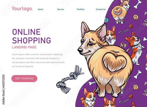 Landing page template for pet store to sales care accessories корги и другие dogs. dvertising accessories for dogs, toys, ball, bone. cute corgi illustrations and dog toys.