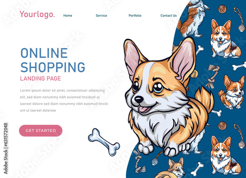 Landing page template for pet store to sales care accessories корги и другие dogs. dvertising accessories for dogs, toys, ball, bone. cute corgi illustrations and dog toys.