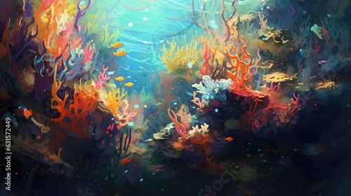 Underwater scene with coral reef, fishes and seaweed.